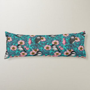 Chickadees in the wild rose, pink and blue body pillow