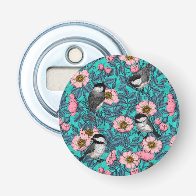 Chickadees in the wild rose, pink and blue bottle opener (Front)