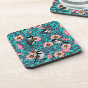 Chickadees in the wild rose, pink and blue coaster