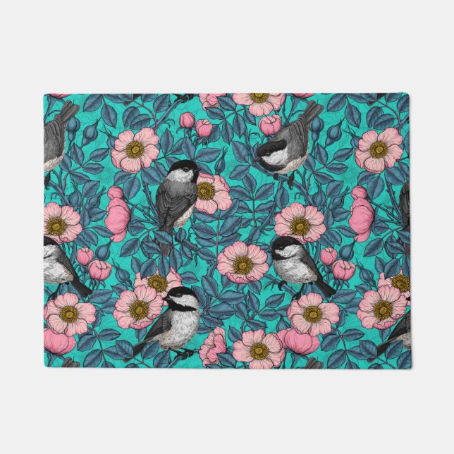 Chickadees in the wild rose, pink and blue doormat (Front)