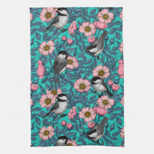 Chickadees in the wild rose, pink and blue kitchen towel