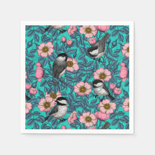 Chickadees in the wild rose, pink and blue napkin