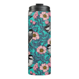 Chickadees in the wild rose, pink and blue thermal tumbler
