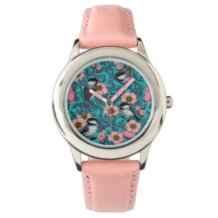 Chickadees in the wild rose, pink and blue watch