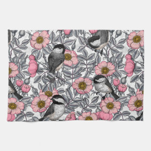 Chickadees in the wild rose, pink and gray kitchen towel