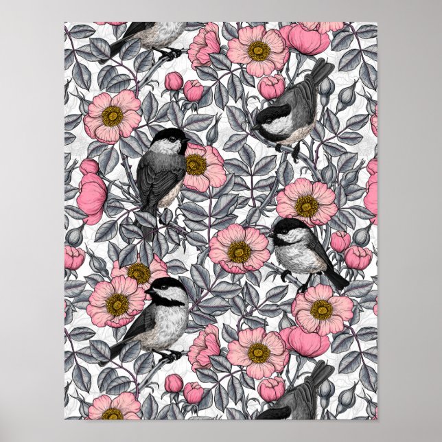 Chickadees in the wild rose, pink and gray poster (Front)