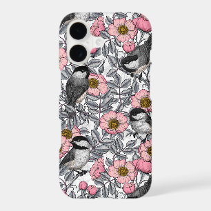 Chickadees in the wild rose, pink and grey