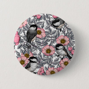 Chickadees in the wild rose, pink and grey 2 inch round button