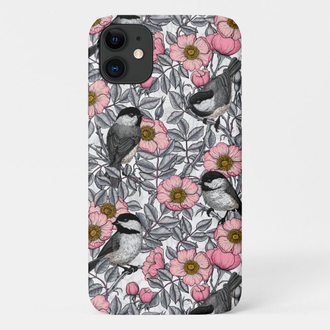 Chickadees in the wild rose, pink and grey Case-Mate iPhone case (Back)