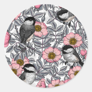 Chickadees in the wild rose, pink and grey classic round sticker