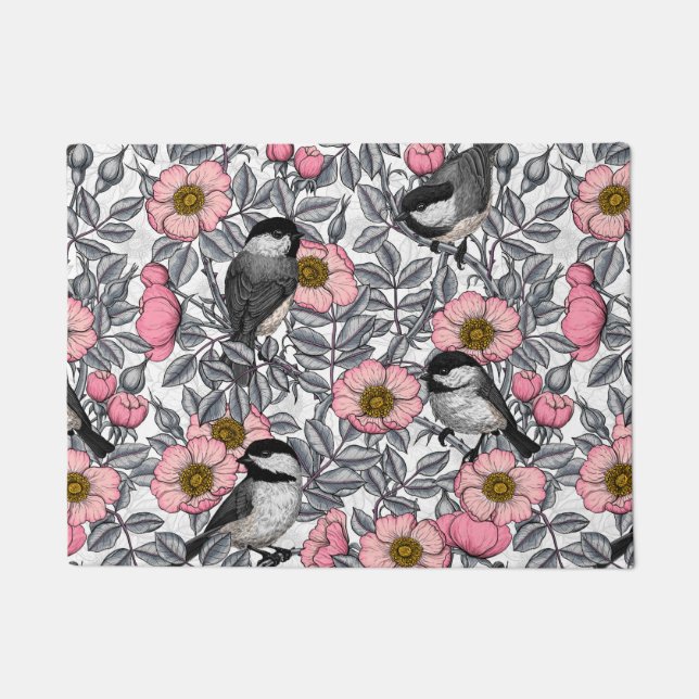 Chickadees in the wild rose, pink and grey doormat (Front)
