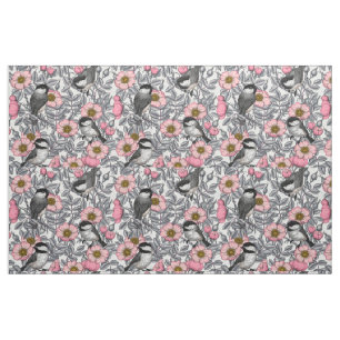 Chickadees in the wild rose, pink and grey fabric