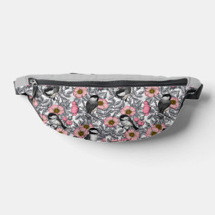 Chickadees in the wild rose, pink and grey fanny pack