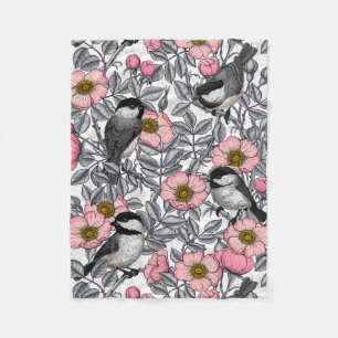 Chickadees in the wild rose, pink and grey fleece blanket