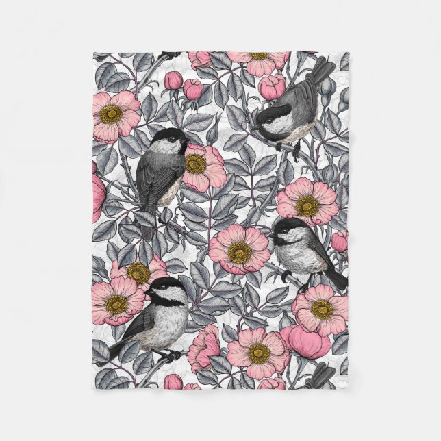 Chickadees in the wild rose, pink and grey fleece blanket (Front)