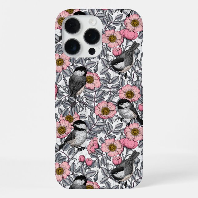 Chickadees in the wild rose, pink and grey iPhone case (Back)