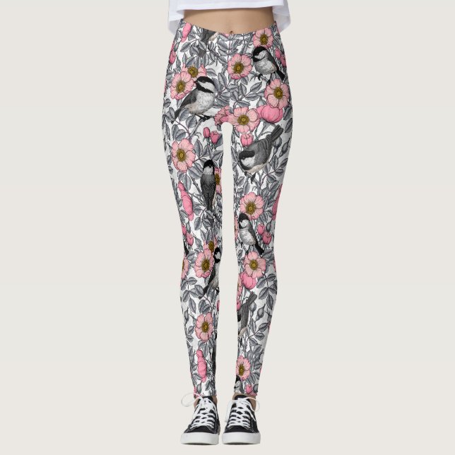 Chickadees in the wild rose, pink and grey leggings (Front)
