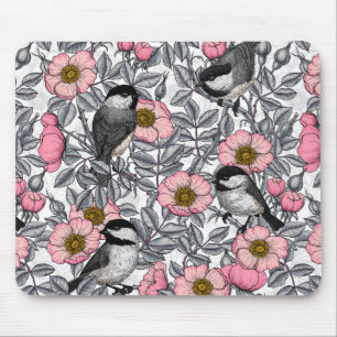 Chickadees in the wild rose, pink and grey mouse pad