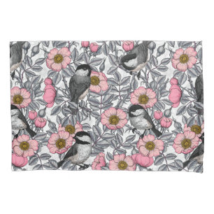 Chickadees in the wild rose, pink and grey pillowcase