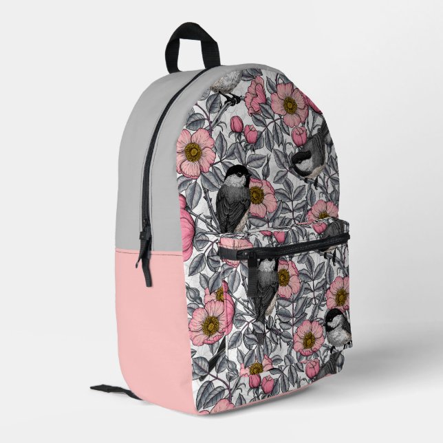 Chickadees in the wild rose, pink and grey printed backpack (Back Corner Left)