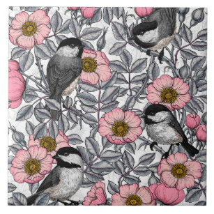 Chickadees in the wild rose, pink and grey tile