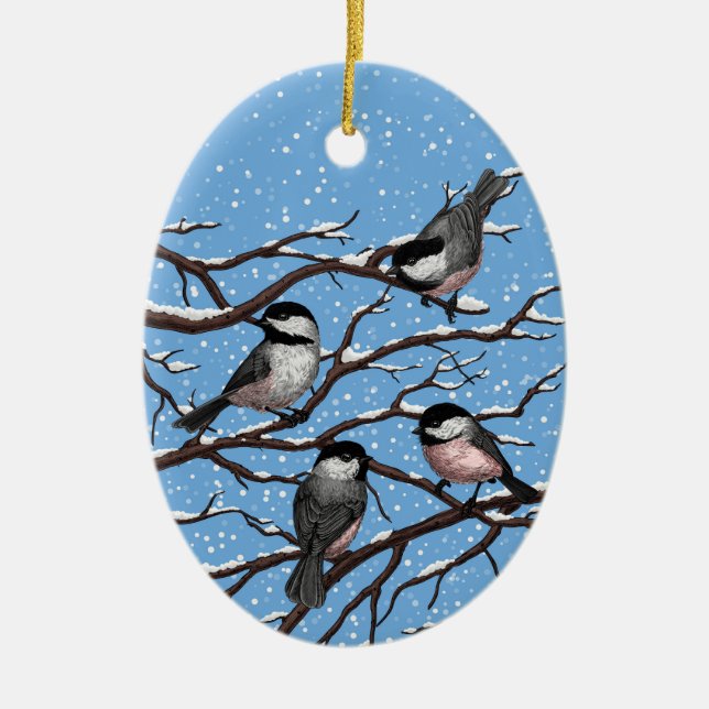 Chickadees in winter ceramic ornament (Front)