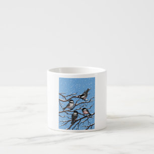 Chickadees in winter espresso cup