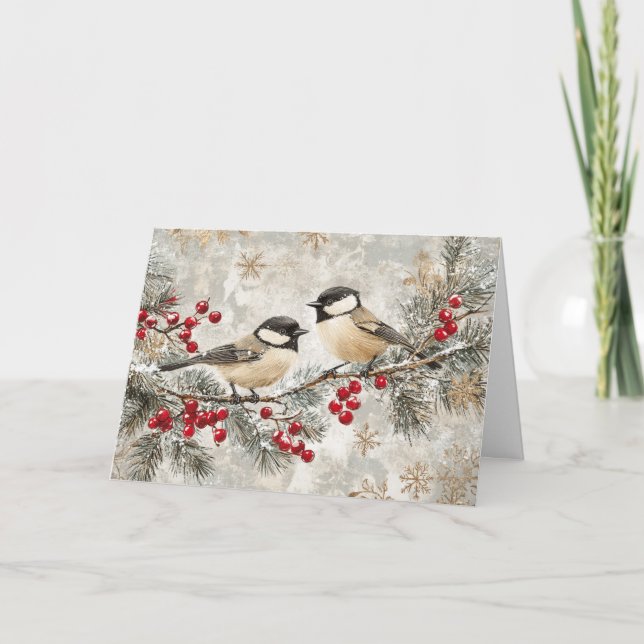 Chickadees on Evergreen with Red Berries Card (Front)