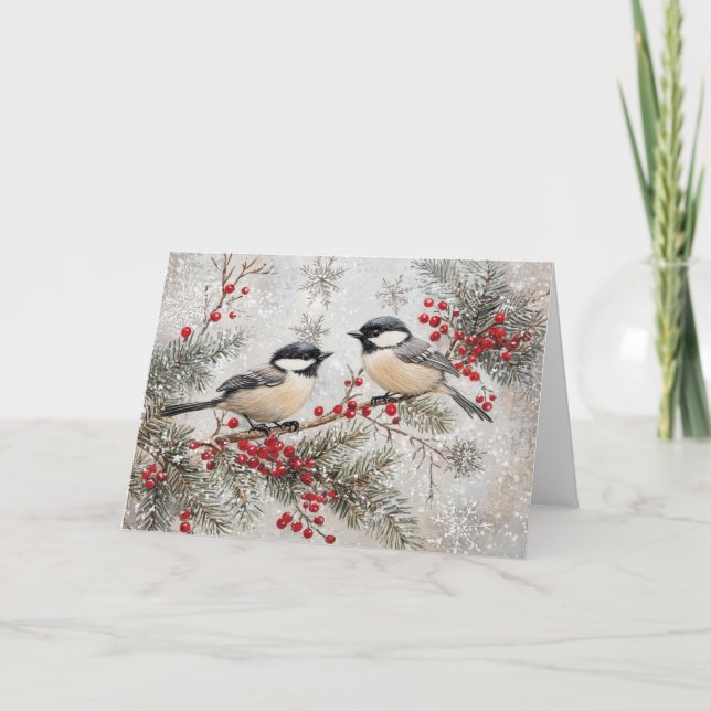 Chickadees on Evergreen with Red Berries Card (Front)