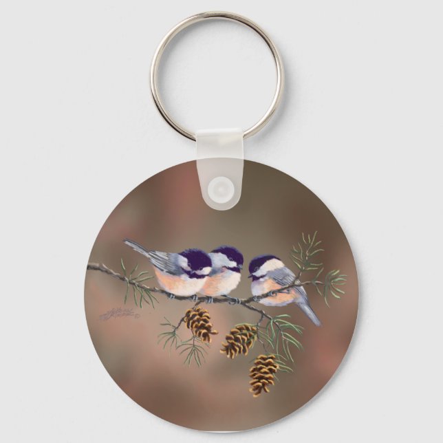 CHICKADEEs & PINE CONES by SHARON SHARPE Keychain (Front)
