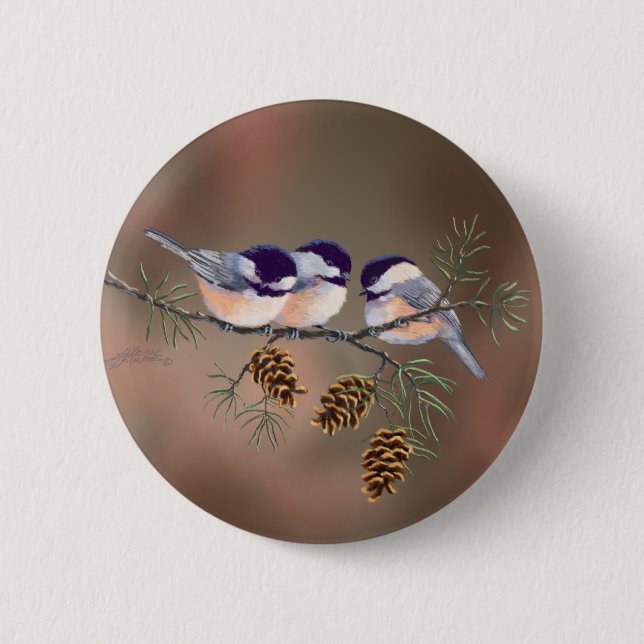 CHICKADEES & PINECONES by SHARON SHARPE 2 Inch Round Button (Front)