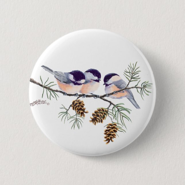 CHICKADEES & PINECONES by SHARON SHARPE 2 Inch Round Button (Front)