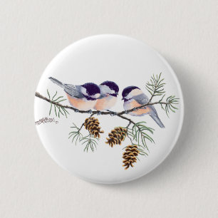 CHICKADEES & PINECONES by SHARON SHARPE 2 Inch Round Button