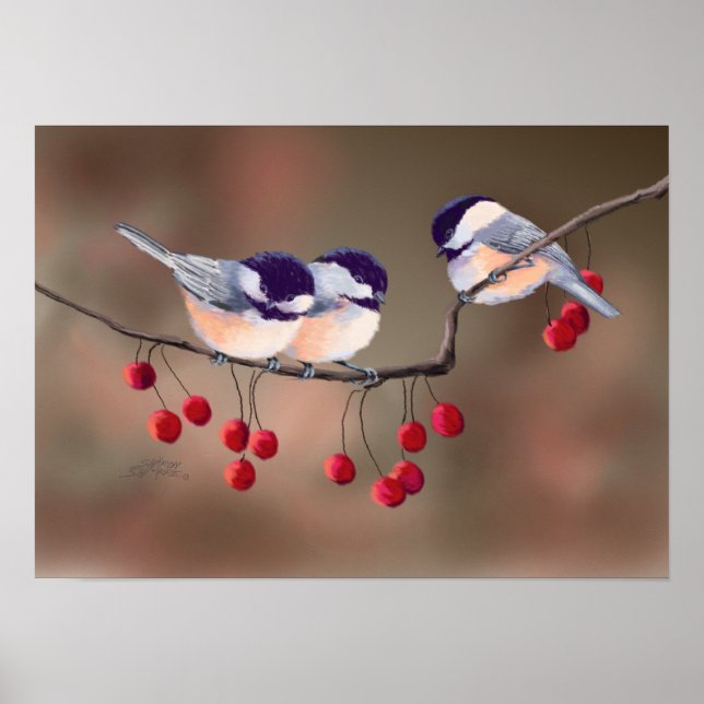 CHICKADEES & RED BERRIES by SHARON SHARPE Poster (Front)