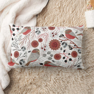 Chickadees Red Grey Pattern Lumbar Pillow