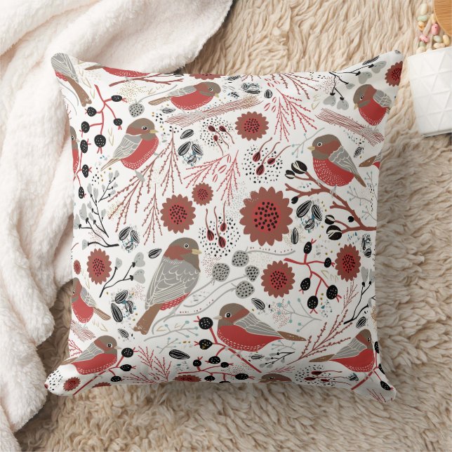 Chickadees Red Grey Pattern Throw Pillow (Blanket)