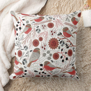 Chickadees Red Grey Pattern Throw Pillow