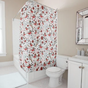 Chickadees Red Grey Pattern With Floral