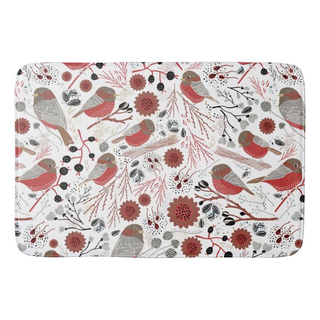 Chickadees Red Grey Pattern With Floral Bath Mat (Front)