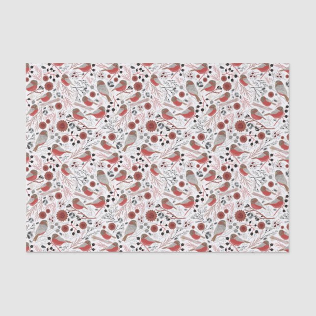 Chickadees Red Grey Pattern With Floral Tissue Paper (Front)