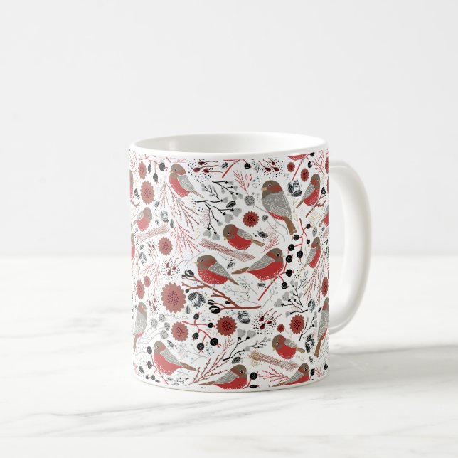 Chickadees Red Holiday Pattern With Floral Coffee Mug (Front Right)