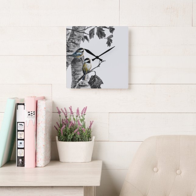 Chickadees Square Wall Clock (Reading Room)