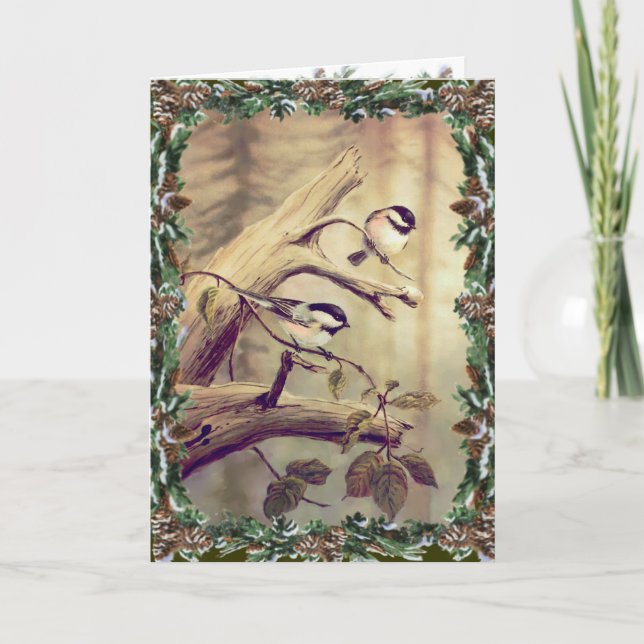 CHICKADEES & WREATH by SHARON SHARPE Holiday Card (Front)