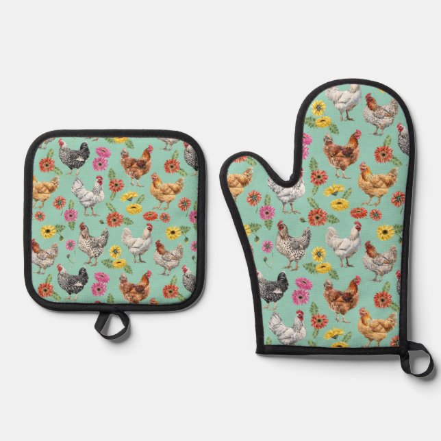 Chicken and Daisies  Oven Mitt & Pot Holder Set (Front)