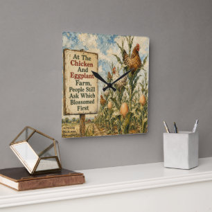 Chicken And Eggplant Farm Surreal Country Cartoon Square Wall Clock
