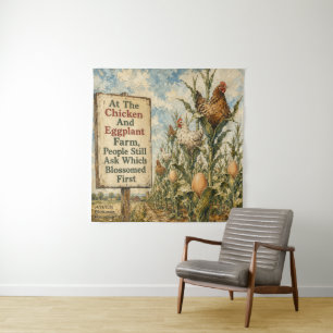 Chicken And Eggplant Farm Surreal Country Cartoon  Tapestry