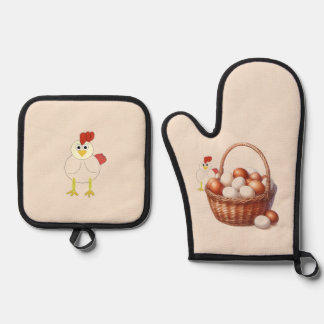Chicken and Eggs Country Style Oven Mitt & Pot Holder Set