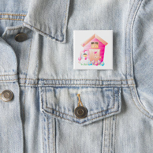 Chicken and Pink Hen House with Flowers 2 Inch Square Button