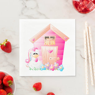 Chicken and Pink Hen House with Flowers Napkin