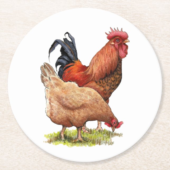 Chicken And Rooster Art, Poultry, Farm Animals Round Paper Coaster (Front)
